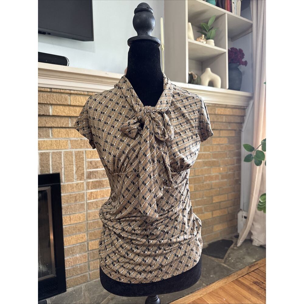 Vtg Y2K New York & Co Chain Print Tie-Neck Top Equestrian 2000’s Side Ruched - Picture 2 of 5